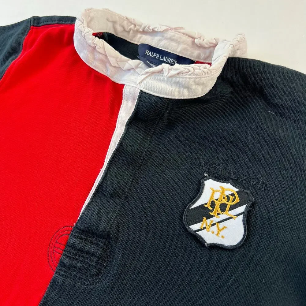Ralph Lauren Girls Rugby Polo Shirt Red Black Block Size Large 12/14 LRL NY